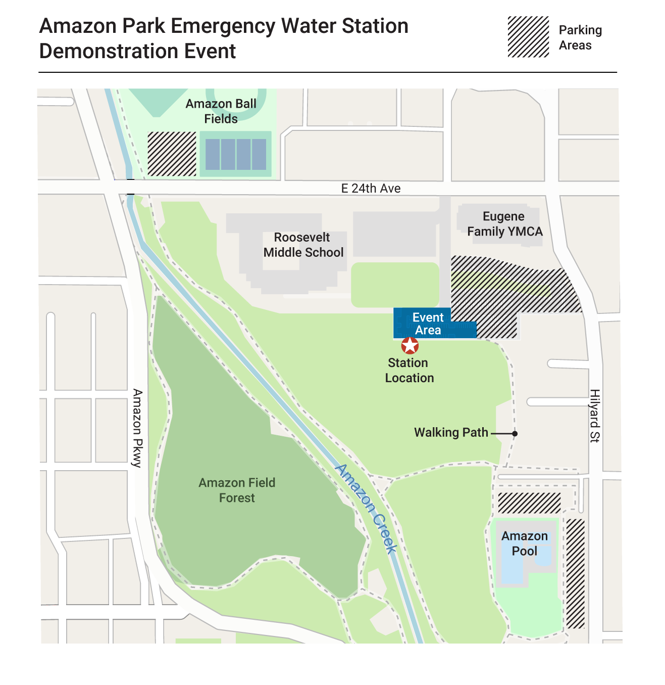 Available parking areas for the Amazon Park Emergency Water Station demonstration event