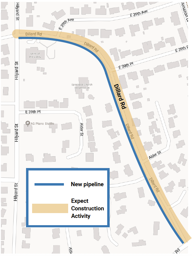 Map of Dillard Road Pipeline Replacement Project in Eugene