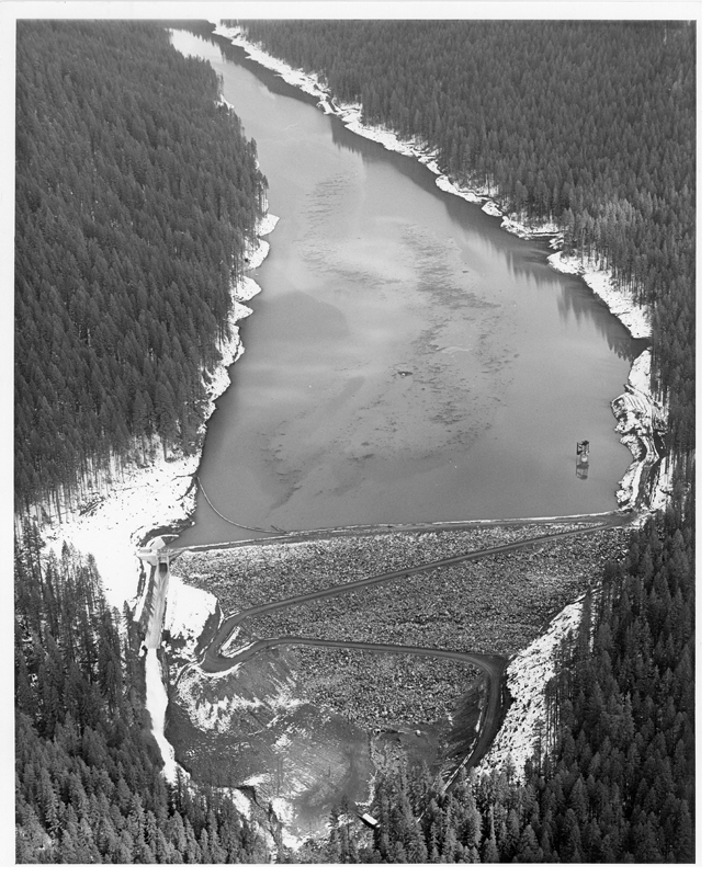 Historic image of Smith Reservoir and Dam post-construction 