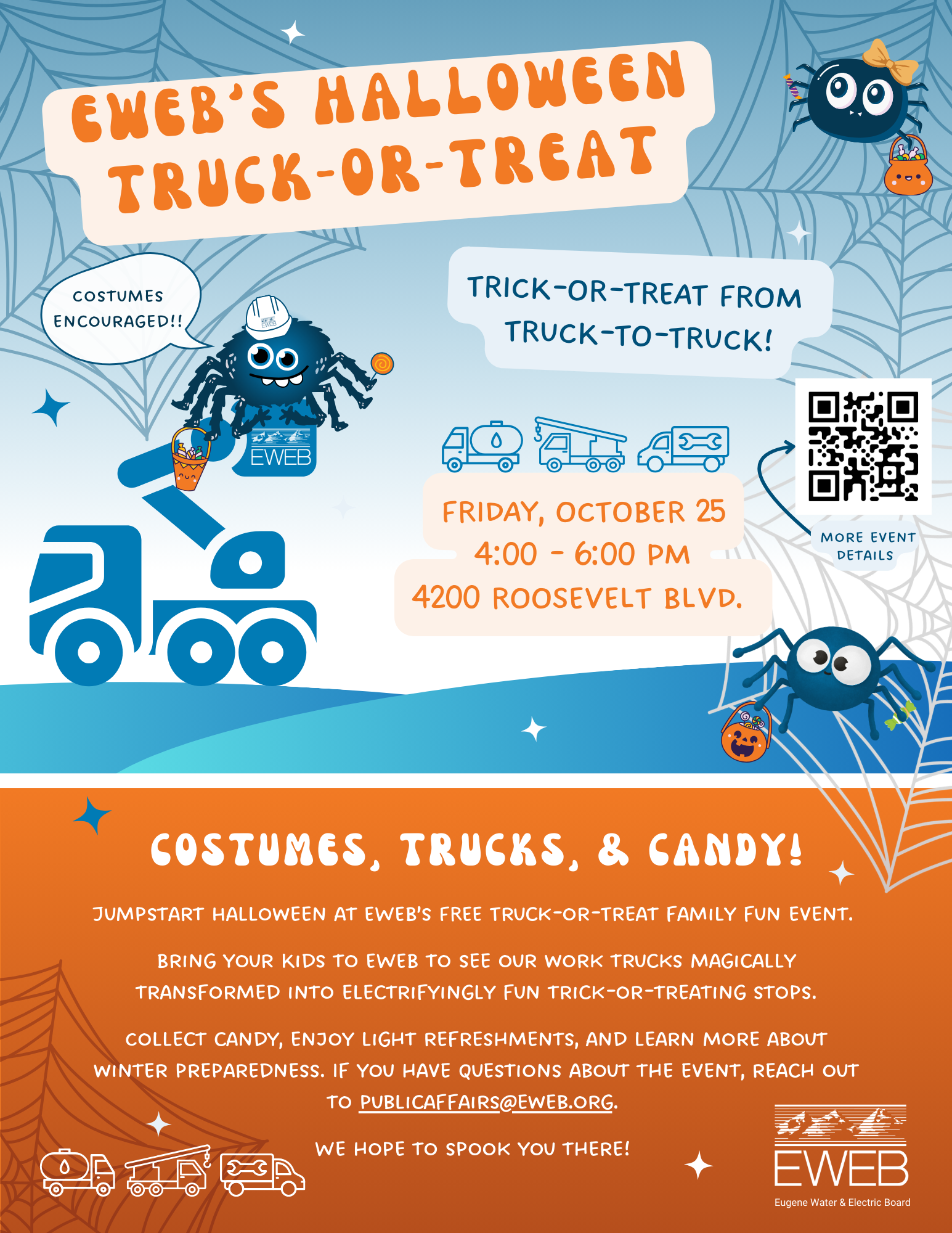 Dress up and join us for a FREE family fun evenT! Bring the kids to Eweb’s Roosevelt campus to trick-or-treat from truck-to-truck!