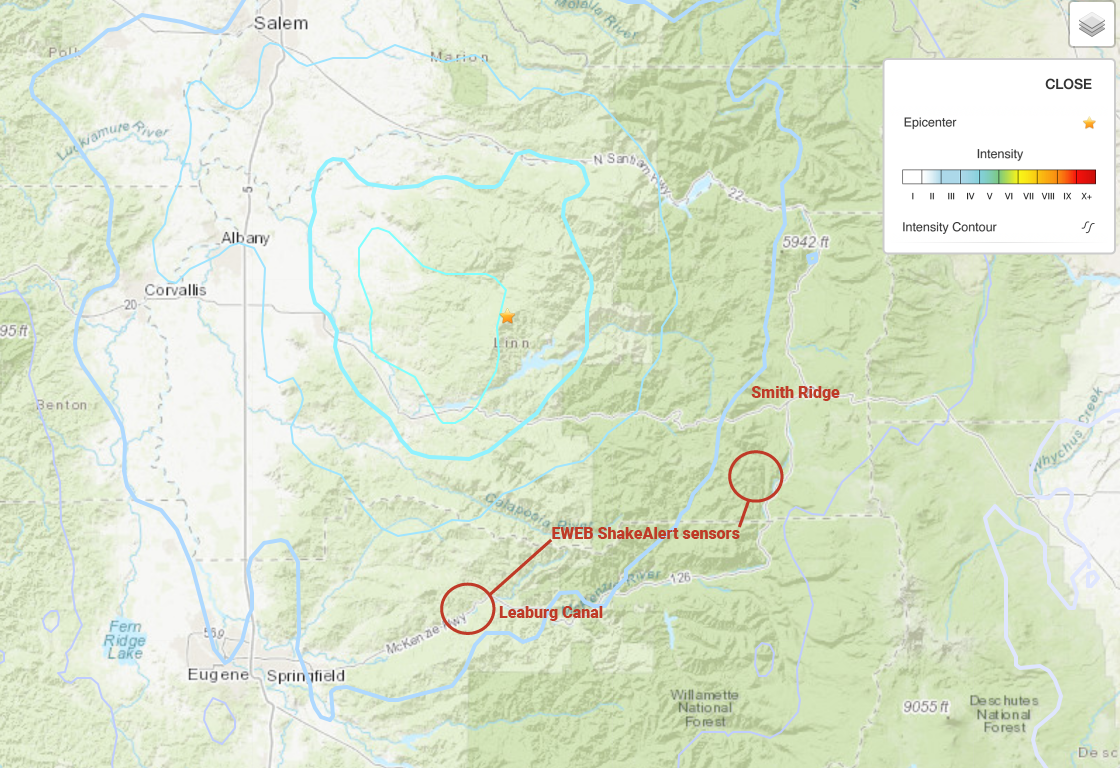 ShakeAlert contour map showing MMI on EWEB facilities