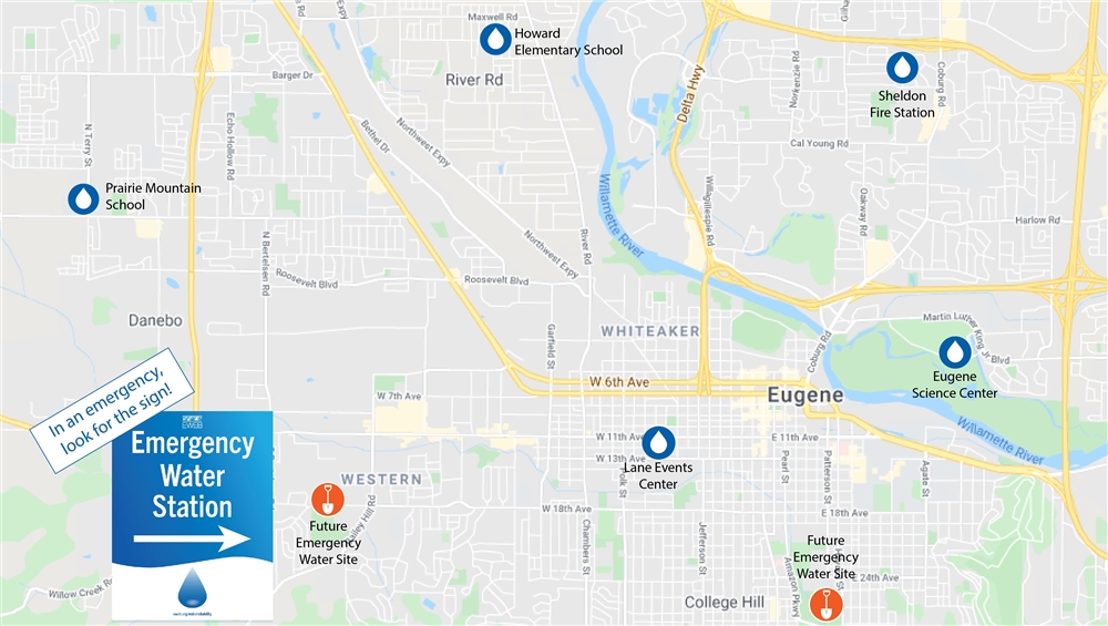 Map of Eugene with emergency water sites marked
