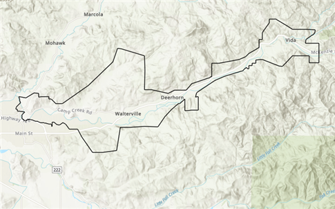 Map of the McKenzie Valley with outline around the previous EWEB service territory
