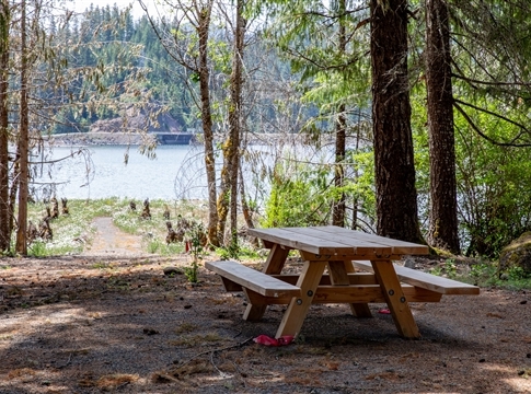 Picnic table at campground overlooking Trail Bridge Reservoir