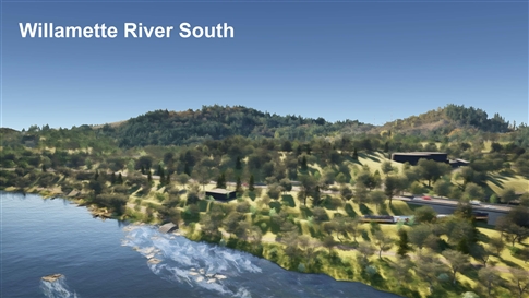 rendering of Willamette River, view of future water intake and water treatment plant along river and McVay Highway