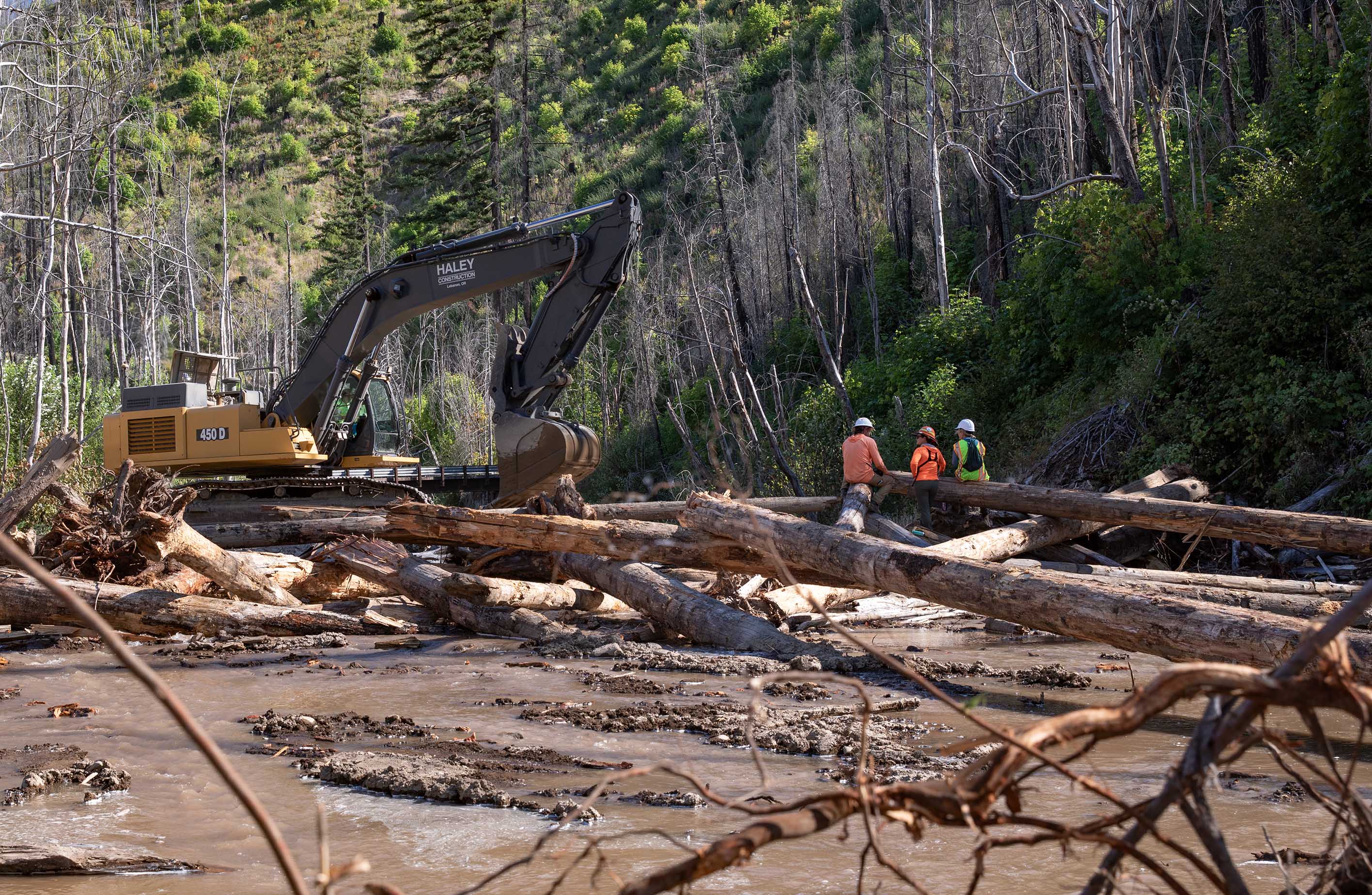 An excavator releases water to spread across the restored Quartz Creek floodplain