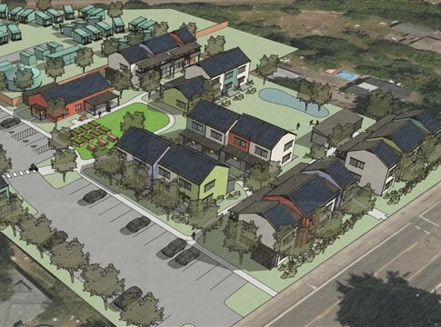 Design rendering of Rosa Co-op, showing the developments building layout of mult-plex units and common space